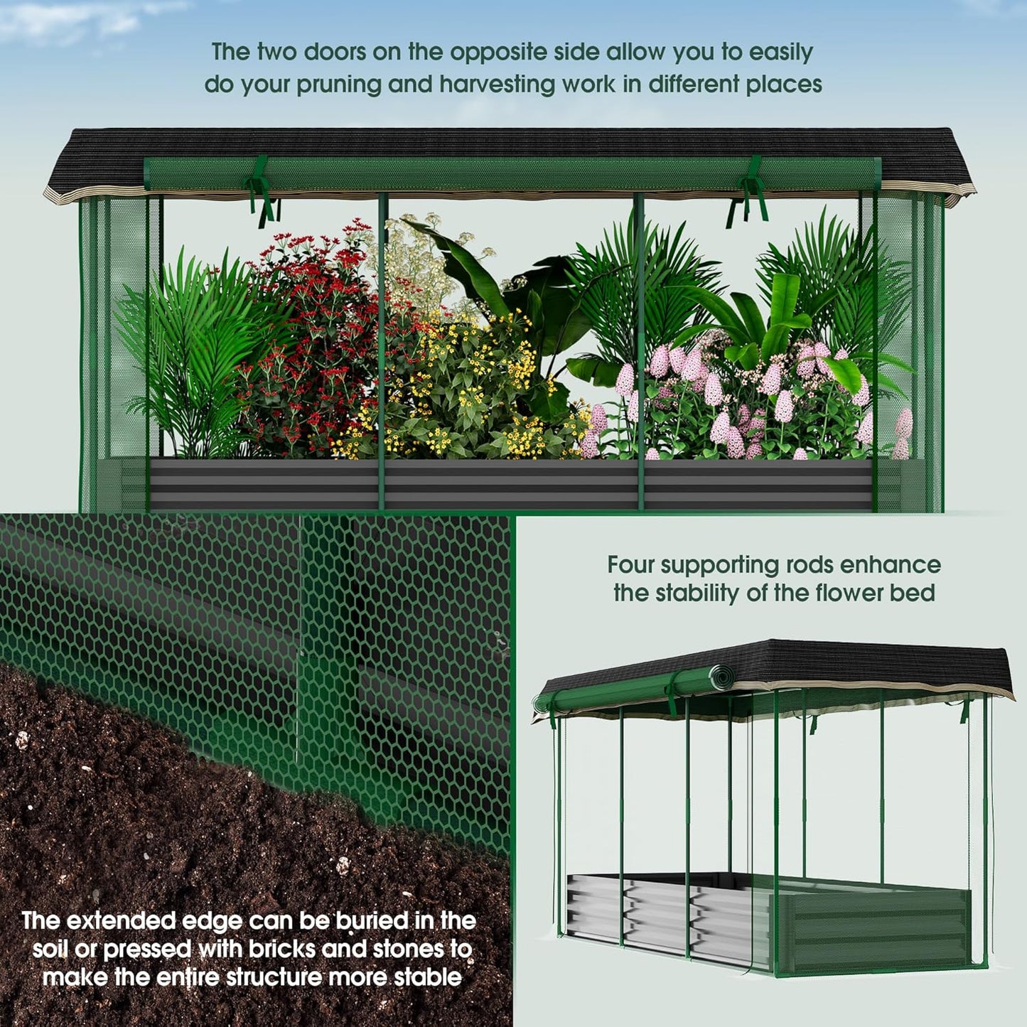 Onelike 7.6' x 3.6' x 3.6' Galvanized Raised Garden Bed with Crop Cage, Plant Protection Tent with Zippered Doors, Sun Shade Cloth, Garden Netting for Vegetables, Fruit Cage for Patio, Yard, Lawn
