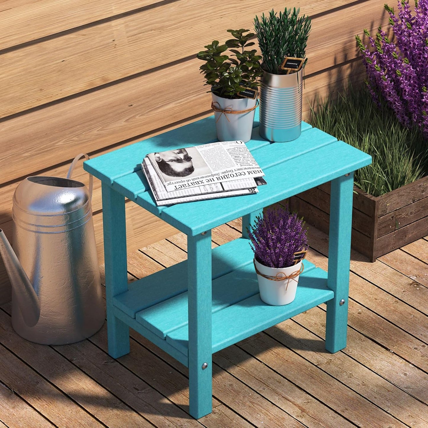 Outdoor Side Table, Adirondack HDPE Small Outdoor Table, 2-Tier Small Patio Side Tables for Outside Indoor Yard Poolside Porch, Light Blue