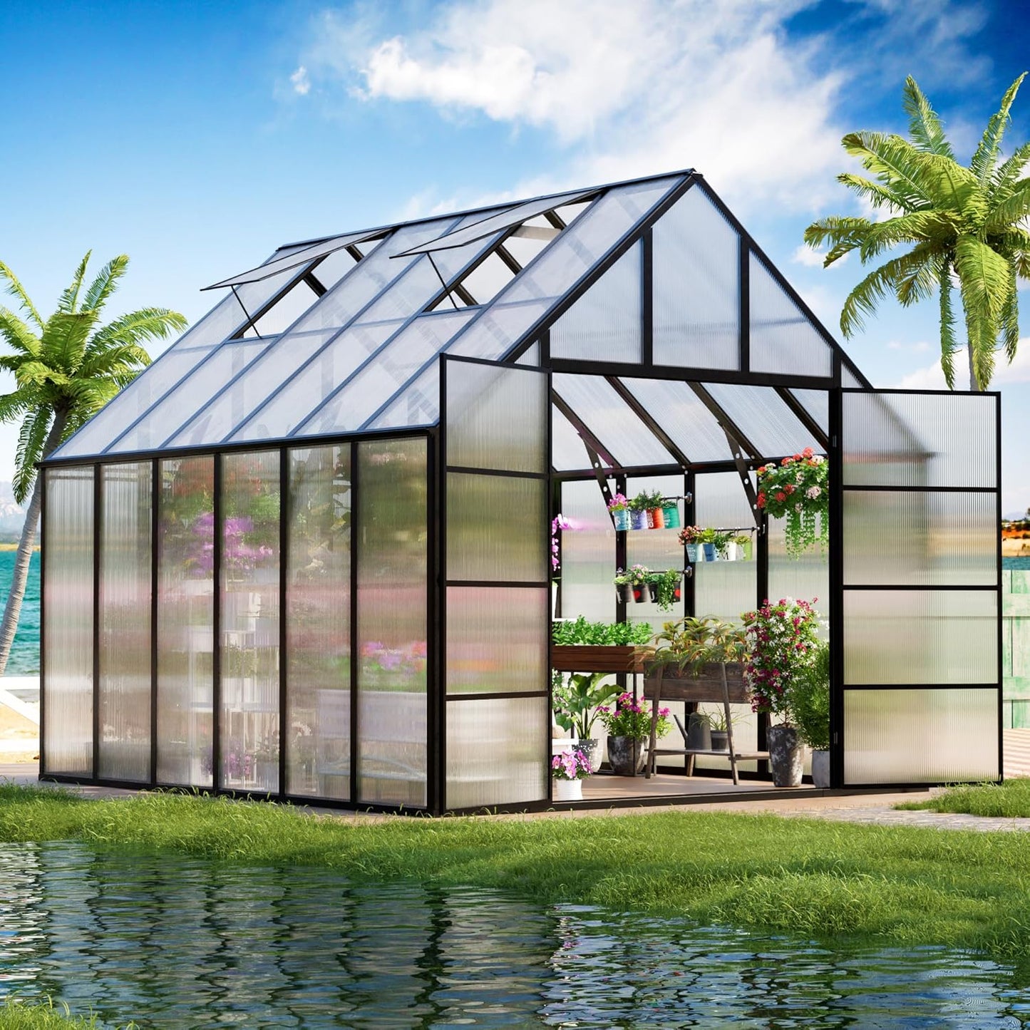 CDCASA 12x10x10 FT Greenhouse for Outdoors, Easy Assembly Large Aluminum Heavy Duty Polycarbonate Greenhouses Kit w/2 Window, Swing Door, Walk-in Green House for Outsides, Sunroom, Backyard, Garden