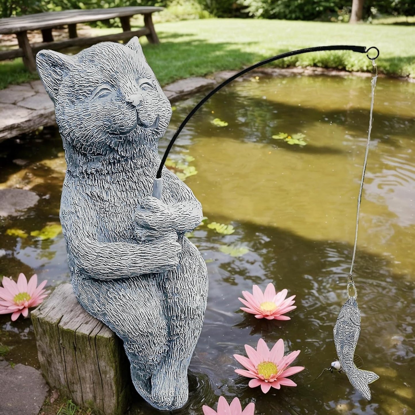 9.5" Cat Fishing Stone Look Sculpture, Whimsical Lawn Yard Art, Funny Garden Pond Fisherman Statue, Resin Animal Decorative Figurine, Cute Outdoor Ornament, for Cat Fishing Lovers