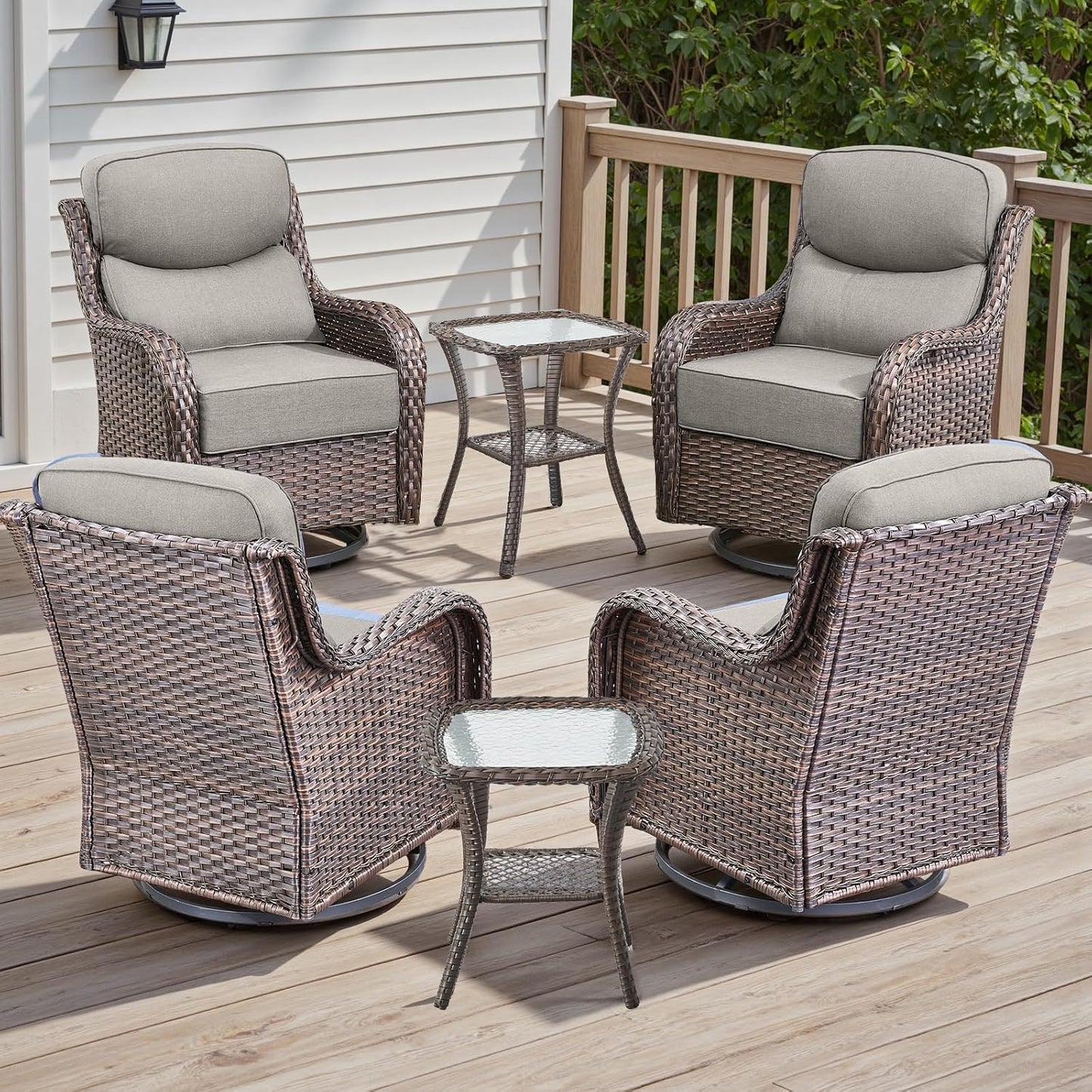 6 Piece Outdoor Patio Swivel Rocker Chairs, Waterproof Wicker, High Back, Deep Seating, Wide Armrest, Upgraded 6 inch Thick Cushions, Side Table, Ideal for Deck Porch Yard, Brown/Beige