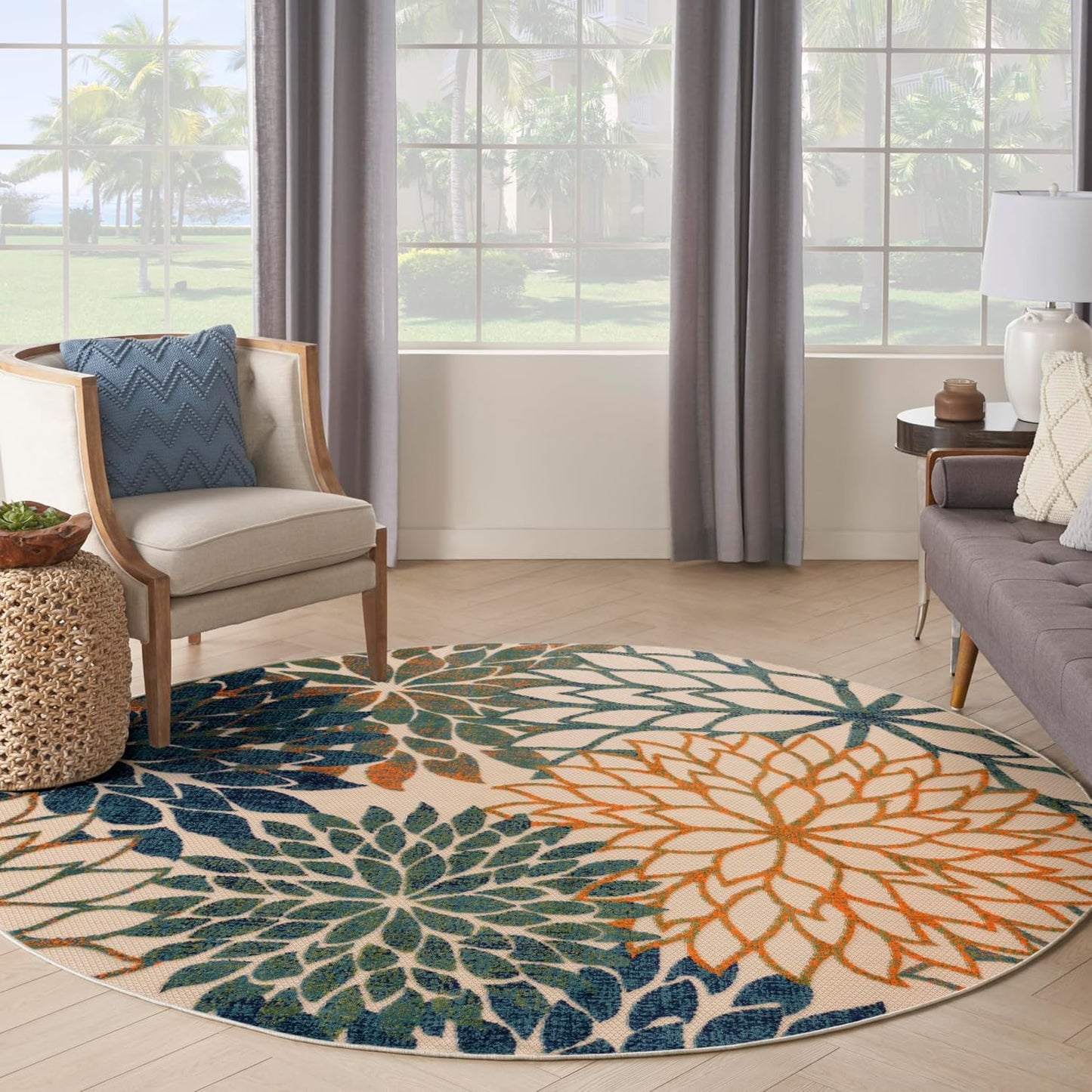 Nourison Home Aloha 8' x Round Blue Green Fabric Tropical Area Rug (8' Round)