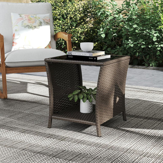 Outdoor Small Patio Table - PE Rattan Coffee Table, Wicker Side Table for Patio, Balcony & Porch, Durable & Iron Frame (1, Sesame)