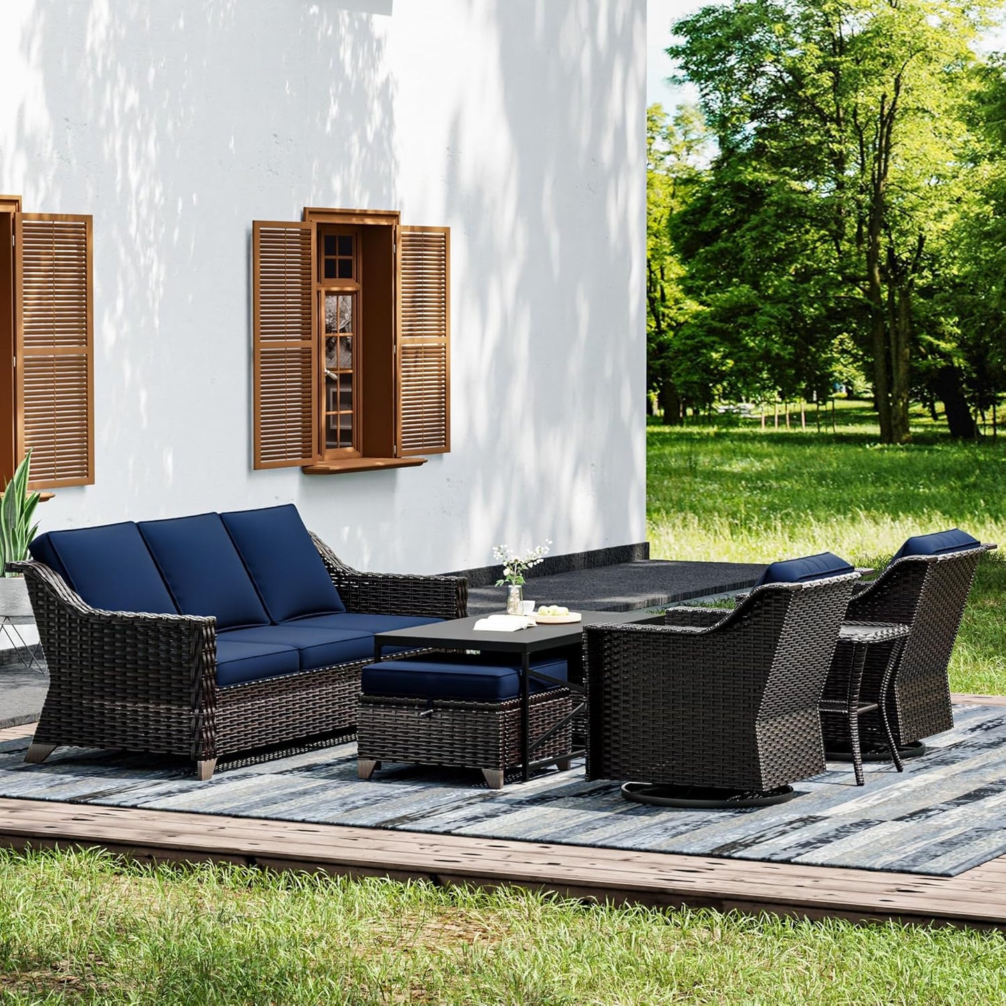 Joyside Wicker Patio Furniture Sets, 7 Pieces Upgraded Large Size Outdoor Furniture with Swivel Rocking Patio Chairs, 3-Seat Sofa, Outdoor Ottoman and Coffee Table, Thick Cushions, Wide Armrest
