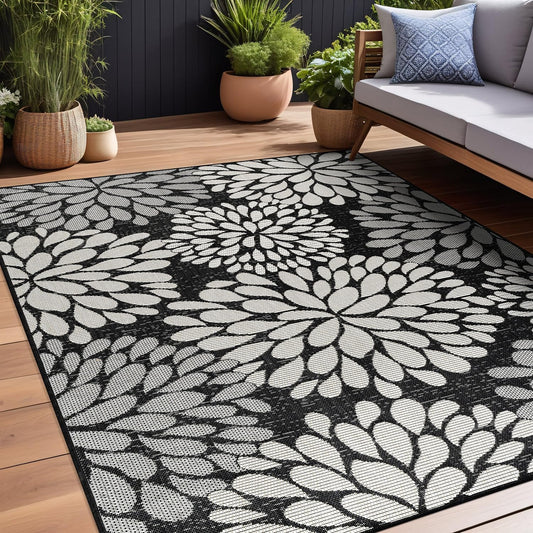 Beverly Rug Outdoor Rug 8x10 Modern Exotic Tropical Leaf Area Rugs for Indoor and Outdoor Patio Deck Porch Garden Water Resistant Washable Outside Carpet (8 x 10 Dark Gray)