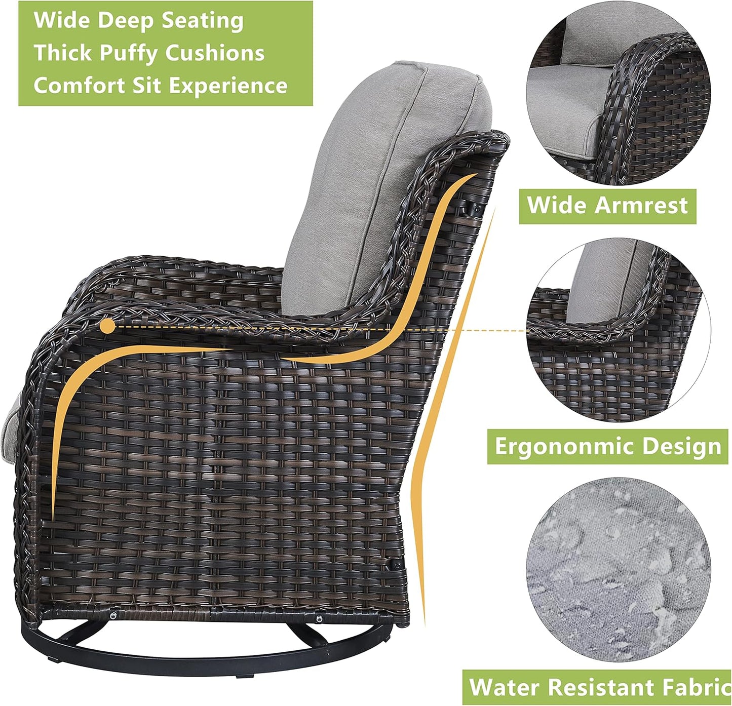 Outdoor Patio Swivel Rocker Chairs - Single Wicker Rattan Patio Swivel Rocking Chair with High Back,Deep Seating and Comfort Cushions for Deck Porch Garden,Brown/Grey