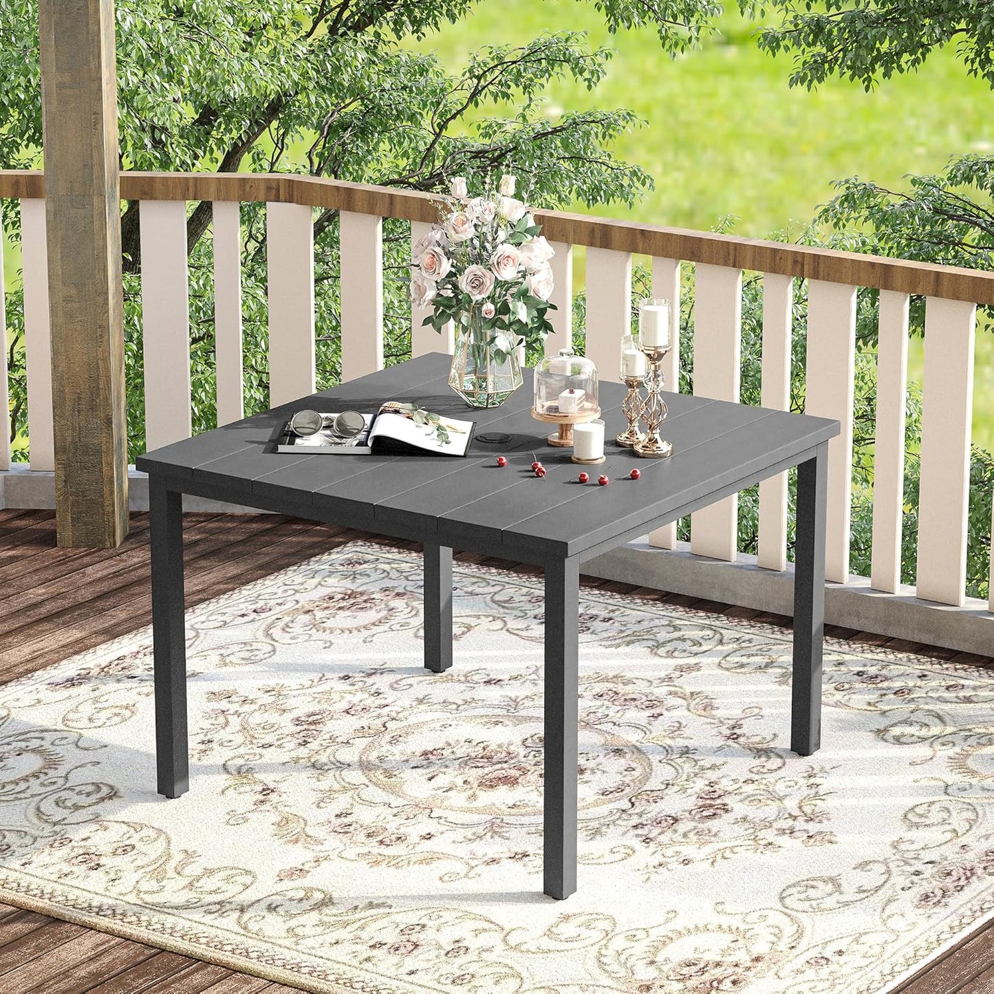 VICLLAX 40.2" Square Patio Dining Table for 4, Outdoor Table with Umbrella Hole, All Weather Metal Patio Table for Lawn Garden, Grey Tabletop