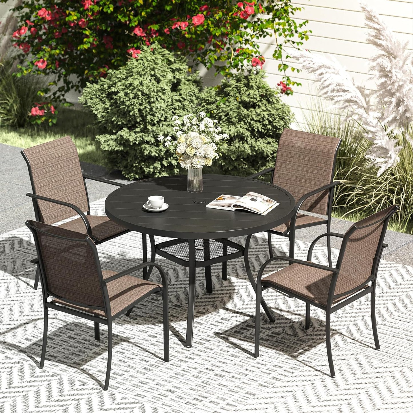VICLLAX Patio Dining Set for 4, Outdoor Furniture Set Includes 41.2" Round Patio Table and 4 Patio Sling Chairs, Black Tabletop and Brown Fabric