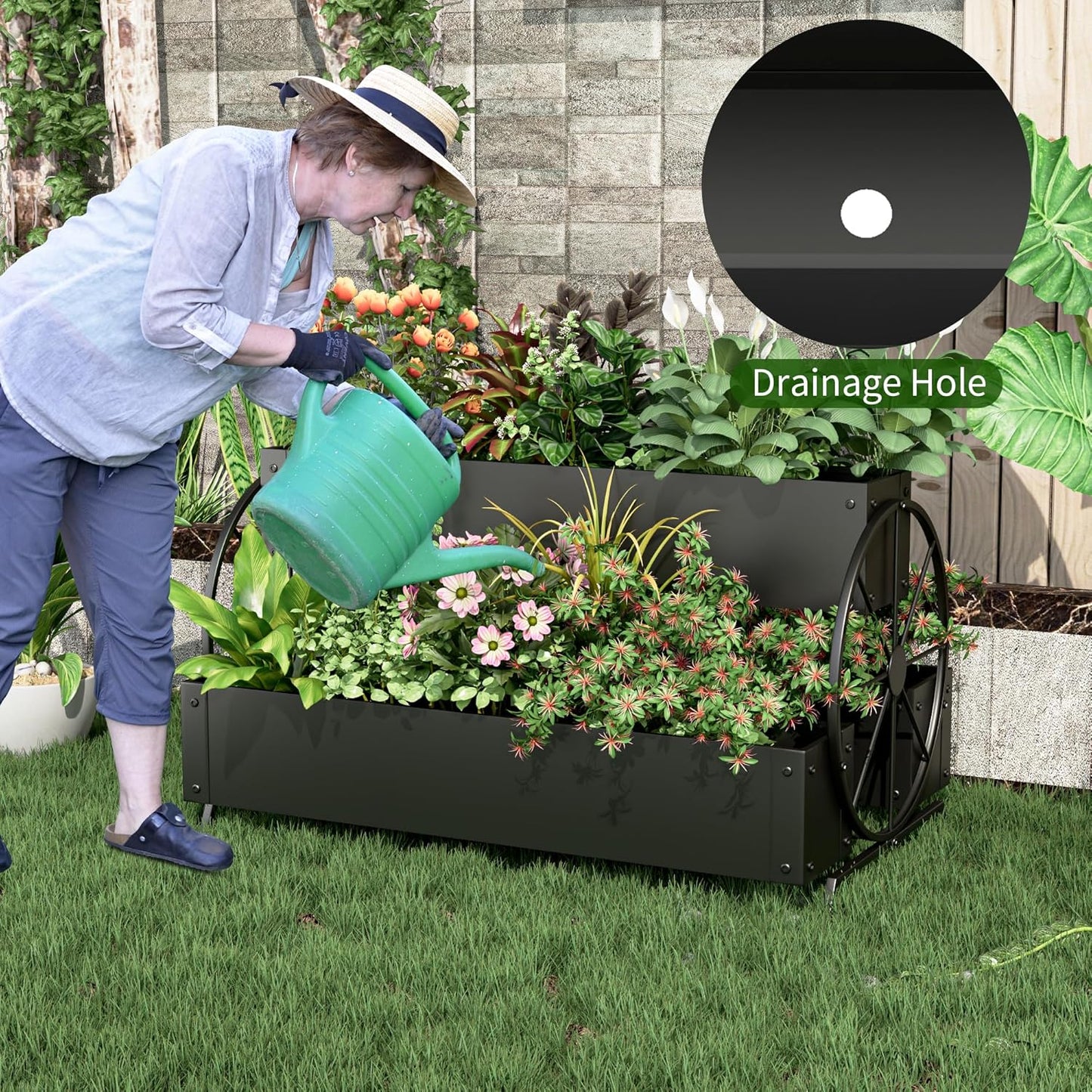 Metal Wagon Planter Box, 3-Tier Garden Planter with Wagon Wheels, Decorative Outdoor Planters for Flowers Herbs Vegetables, Flower Cart Small Raised Garden Bed for Patio, Balcony (Black)