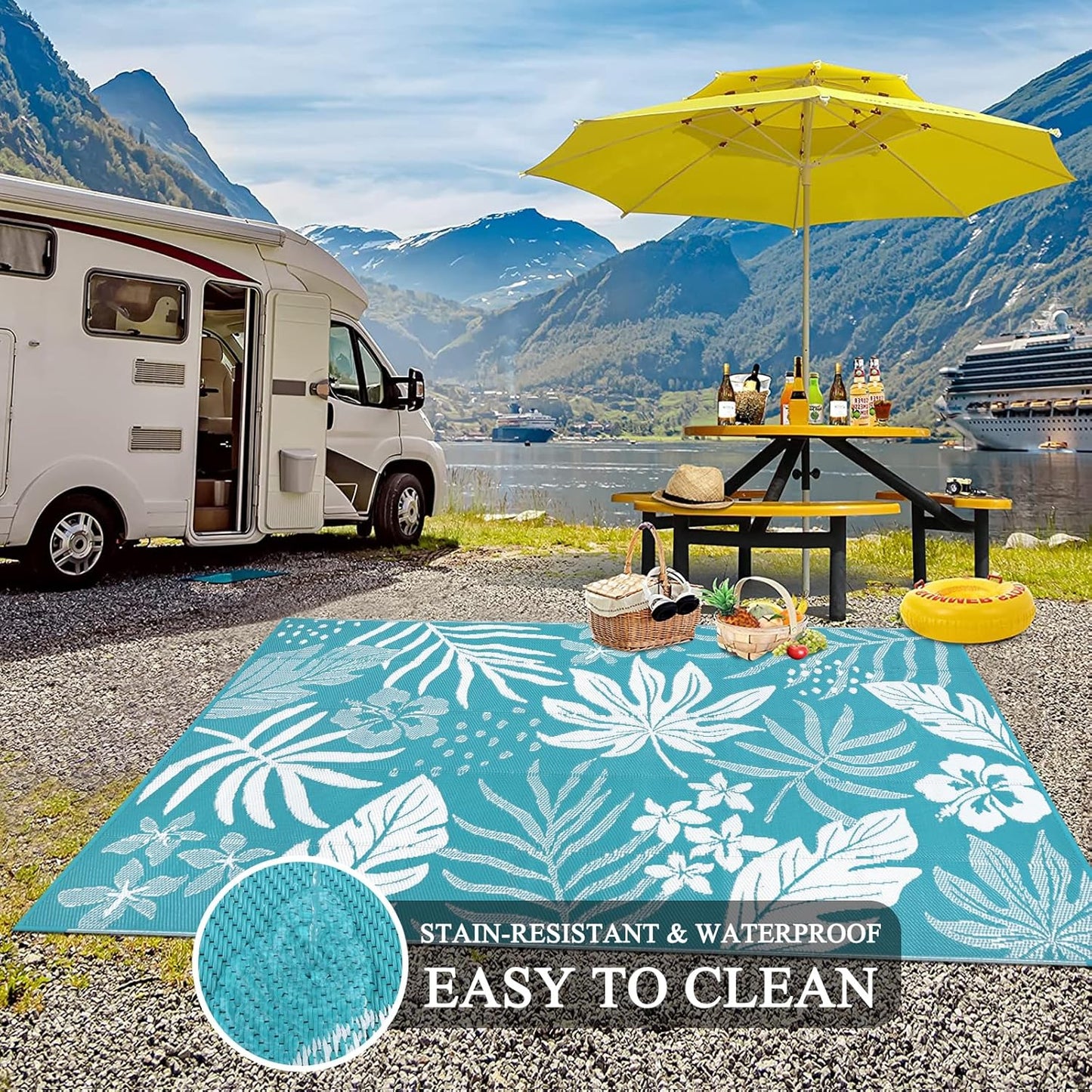 Pauwer Waterproof Outdoor Rug 5x8, Reversible Plastic Straw Patio Camping Rug, Indoor Outdoor RV Mat Carpet for Deck, Camper, Porch, Balcony, Backyard, Picnic, Floral Teal