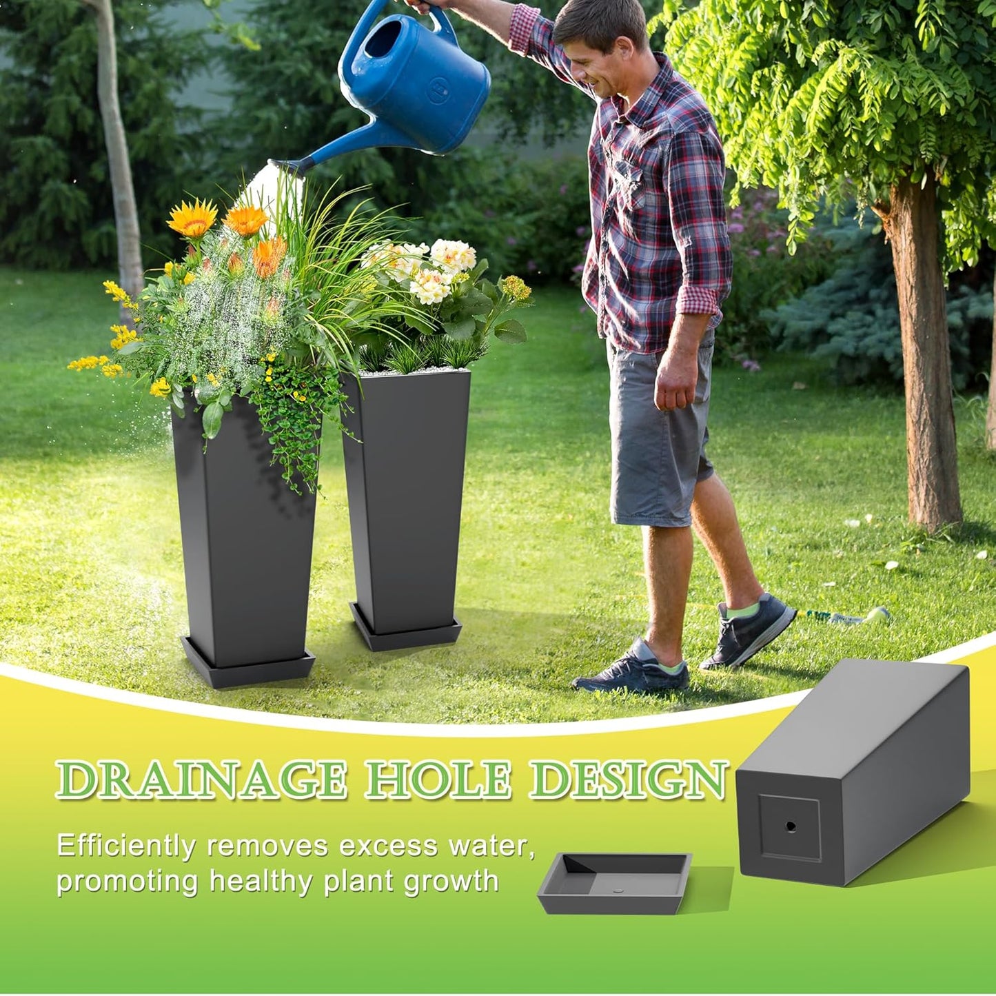 Set of 2 Tall Planters, 24" Large Indoor Outdoor Flower Pots with Tray, Modern Tapered Planters for Porch, Patio, Garden, Backyard