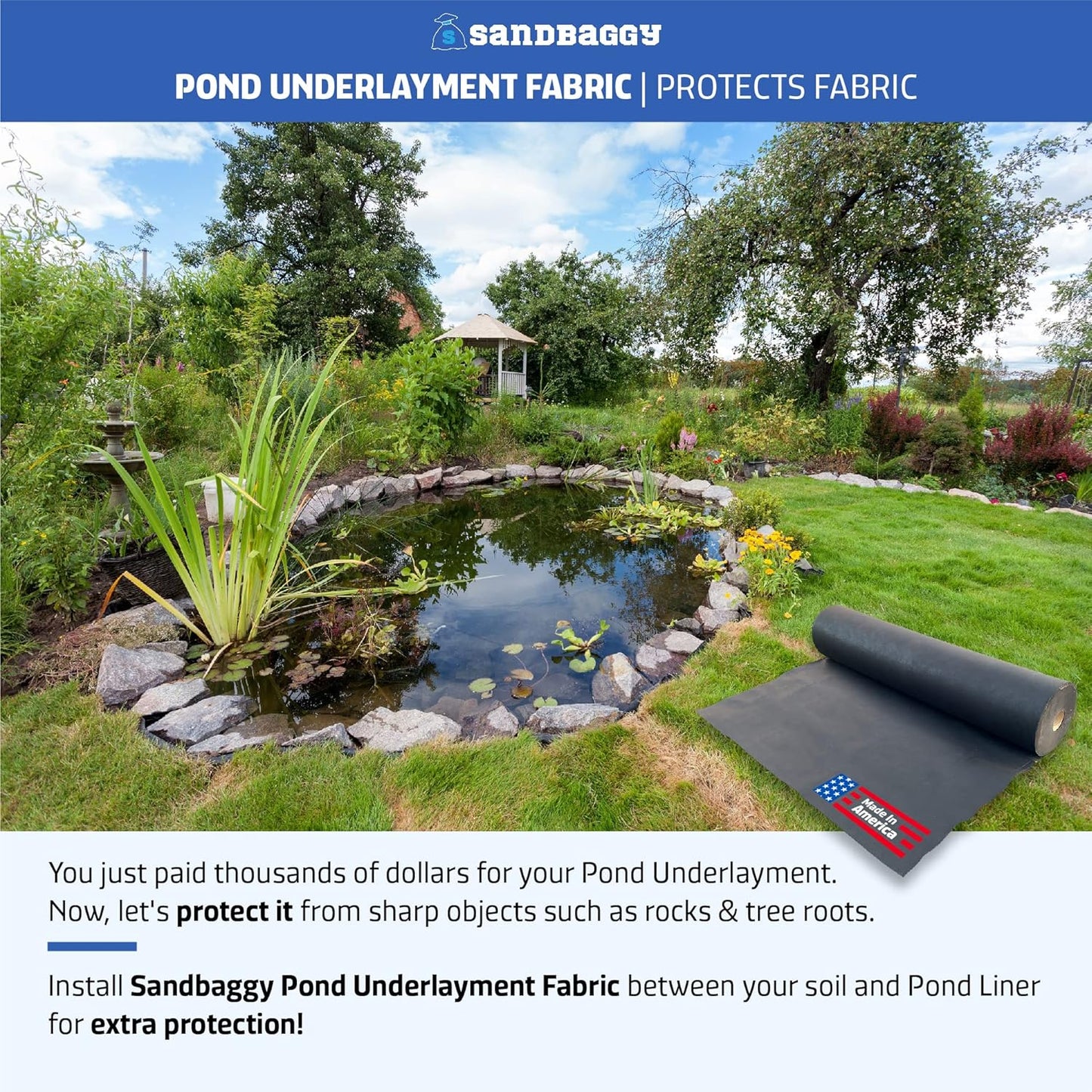 Sandbaggy Geotextile Pond Underlayment Padding | Made in USA | 50 YEAR Life* | Non Woven Fabric Protects Pond Liner From Damage | Made of Industrial Grade DOT Approved Fabric (20 ft x 20 ft or 400 sq ft)