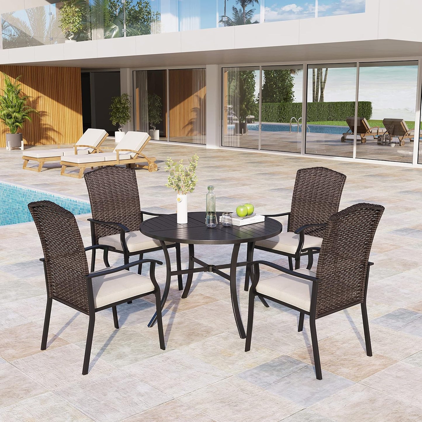 Outdoor Patio Round Dining Table, 42"x 42" Metal Slatted Round Tabletop with Adjustable Umbrella Hole for Deck Lawn Garden Backyard, Black