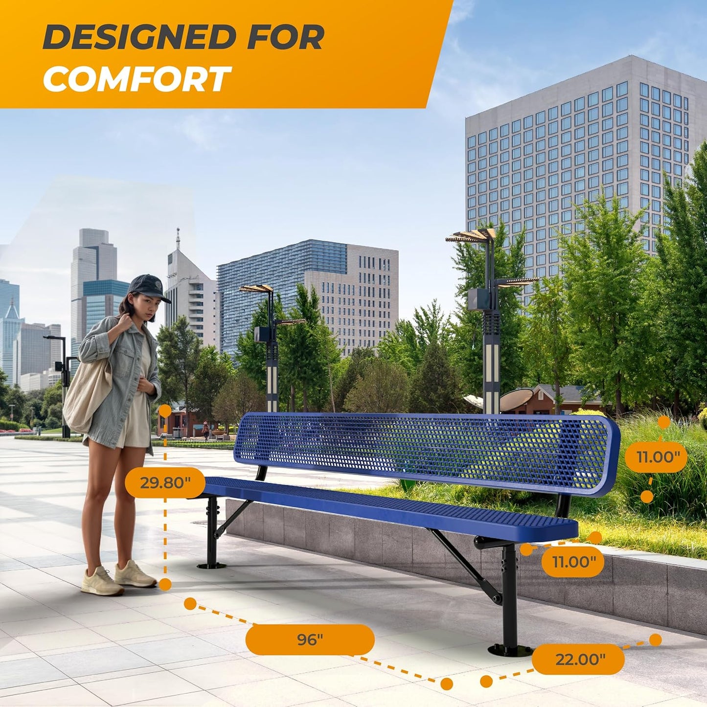 Heavy-Duty Outdoor Metal Bench, Thermoplastic-Coated, Surface, Weatherproof, Commercial-Grade for Parks, Gardens, Patios, Stores & More (8 Ft - Surface with Back, Blue)