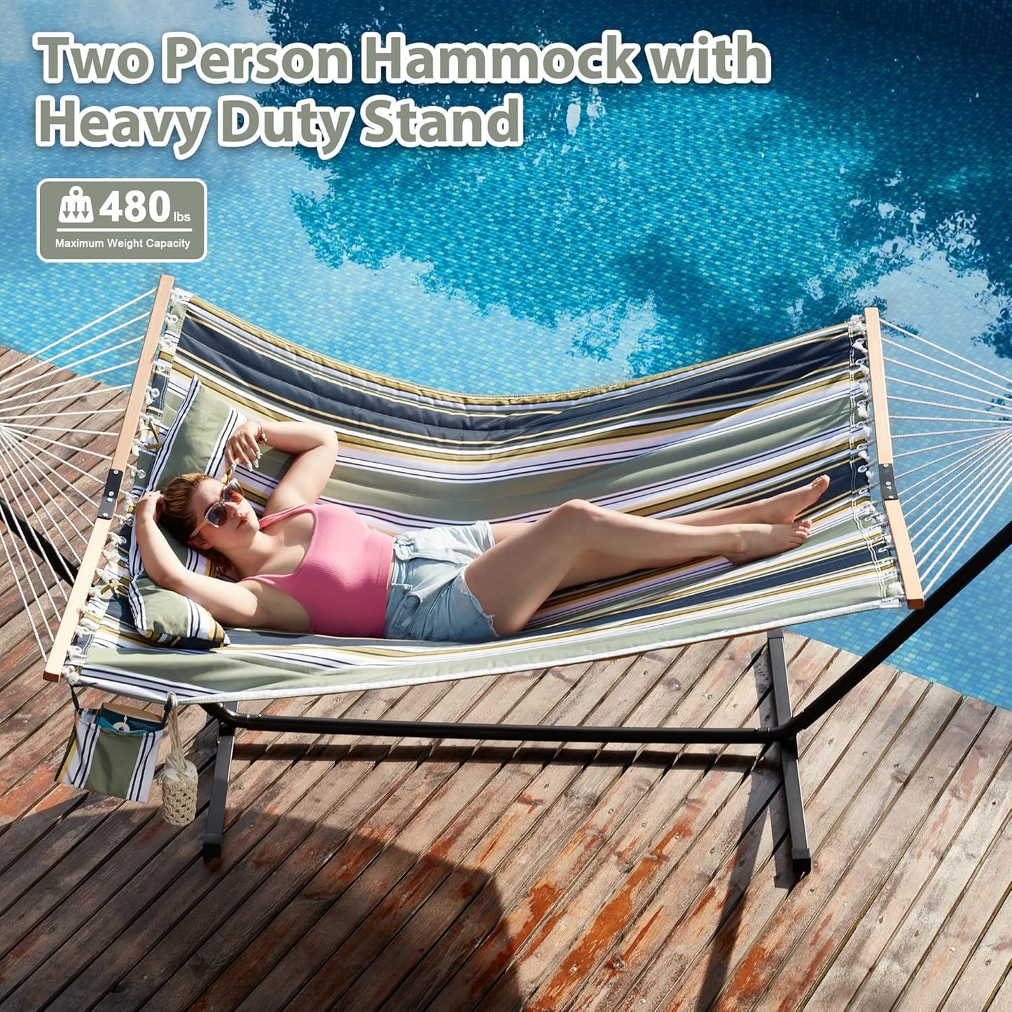 Two Person Hammock with Stand Heavy Duty, Outdoor Patio Hammock with Portable Steel Stand, Large Double Hammocks,480lbs Capacity.(Grey Stripes)