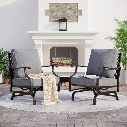 Metal Outdoor Rocker Patio Chairs Set of 2 with 5.75" Extra Thick Cushion, 2 Piece High Back Rocker Patio Chairs All Weather Outdoor Furniture Seating for Deck Balcony Porch, Gray