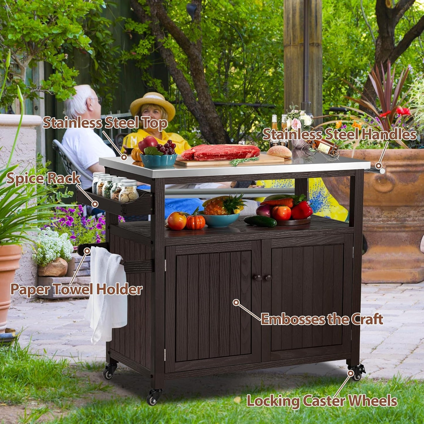 AHB Outdoor Grill Table Solid Wood Storage Cabinet, Rolling Kitchen Island, Movable Bar Cart with Stainless Steel Top for Outside Patio, Backyard, Garden (Two Doors)
