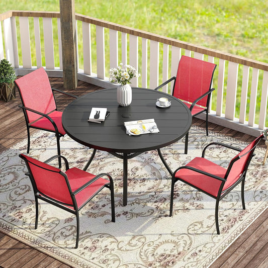 VICLLAX 5 Pieces Patio Dining Set for 4, Outdoor Furniture Set Includes 40.7" Round Patio Table and 4 Patio Stackable Chairs, Black Tabletop and Red Fabric