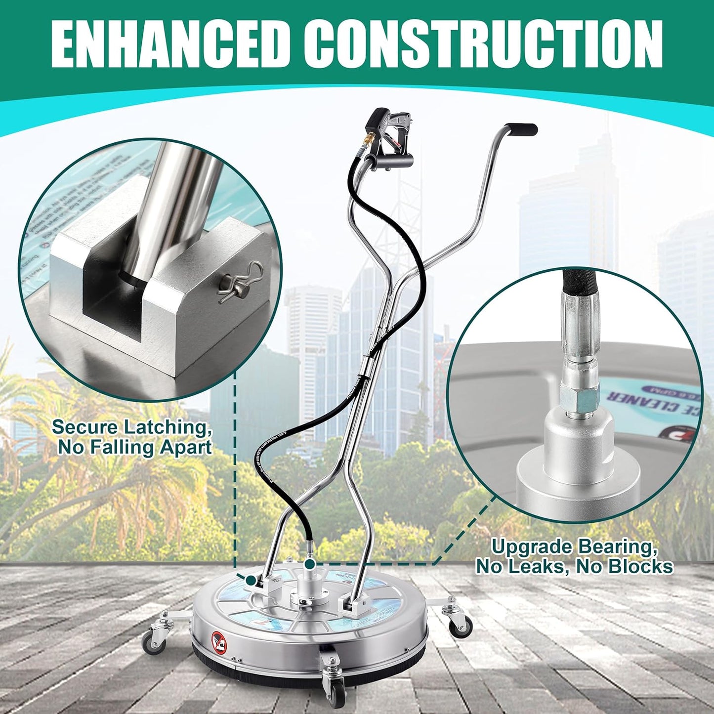 Tool Daily 24" Pressure Washer Surface Cleaner Attachment with Dual Handles, Stainless Steel Driveway Cleaner for Power Washer with Wheels, Pressure Wash Concrete, 4500 PSI