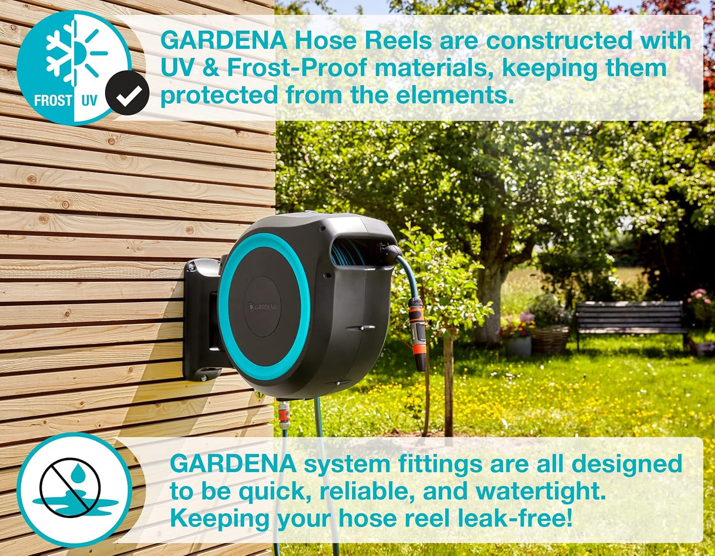 GARDENA (18630) Retractable Garden Hose Reel 115' x 1/2" Wall Mounted, Automatic Retraction & Length Lock for Easy Watering. Heavy Duty Swivel Bracket 180°, Includes Nozzle. Made in Europe