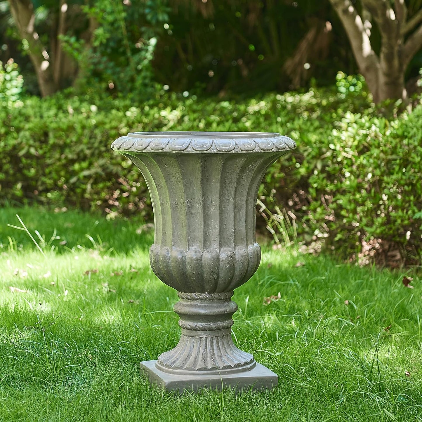 Christopher Knight Home Stella Outdoor Urn Planter with Drainage Hole, Mid-Century Modern Garden Urn, Large Garden Pot, Floral Relief Design, Sturdy MGO Outdoor Planter, Flower Urn, Gray