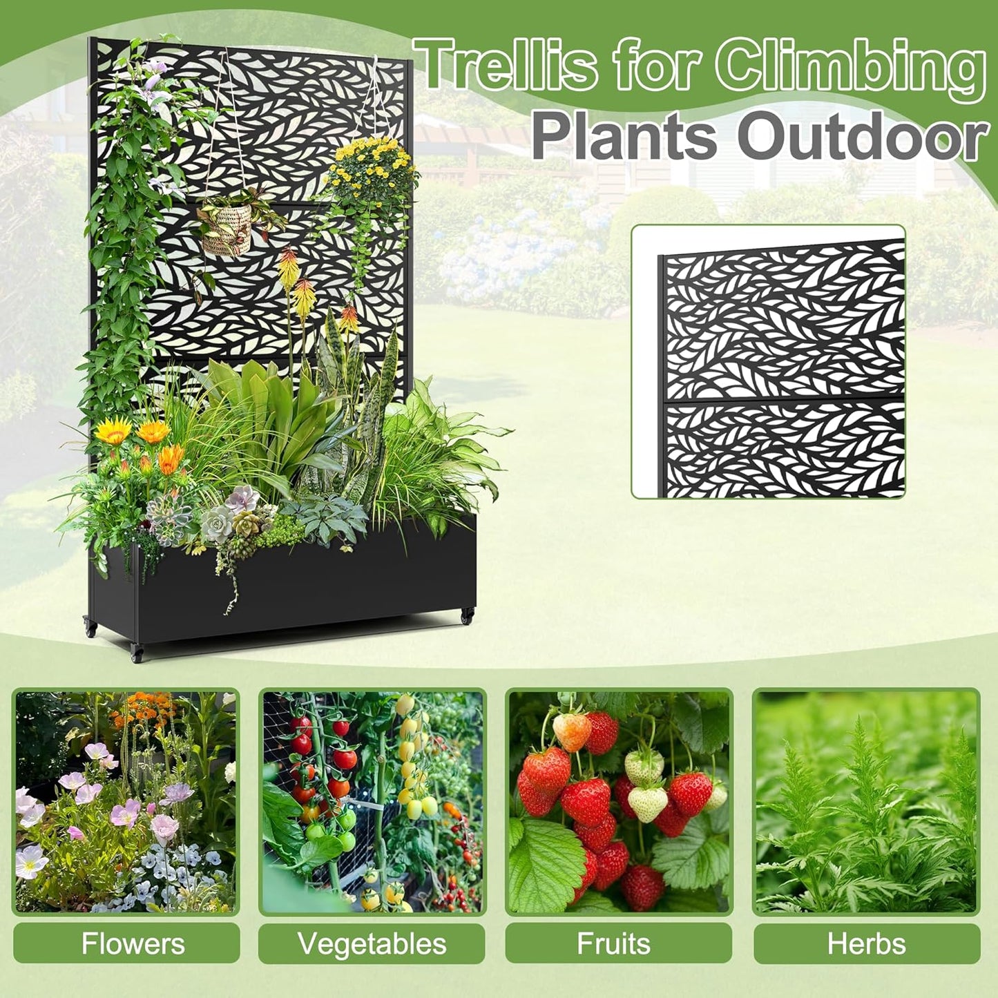 Raised Garden Bed with Trellis and Wheels,73"x47"x16" Metal Raised Garden Bed,Black Flowing Leaf Metal Planter with Climbing Trellis for Vines & Vegetables