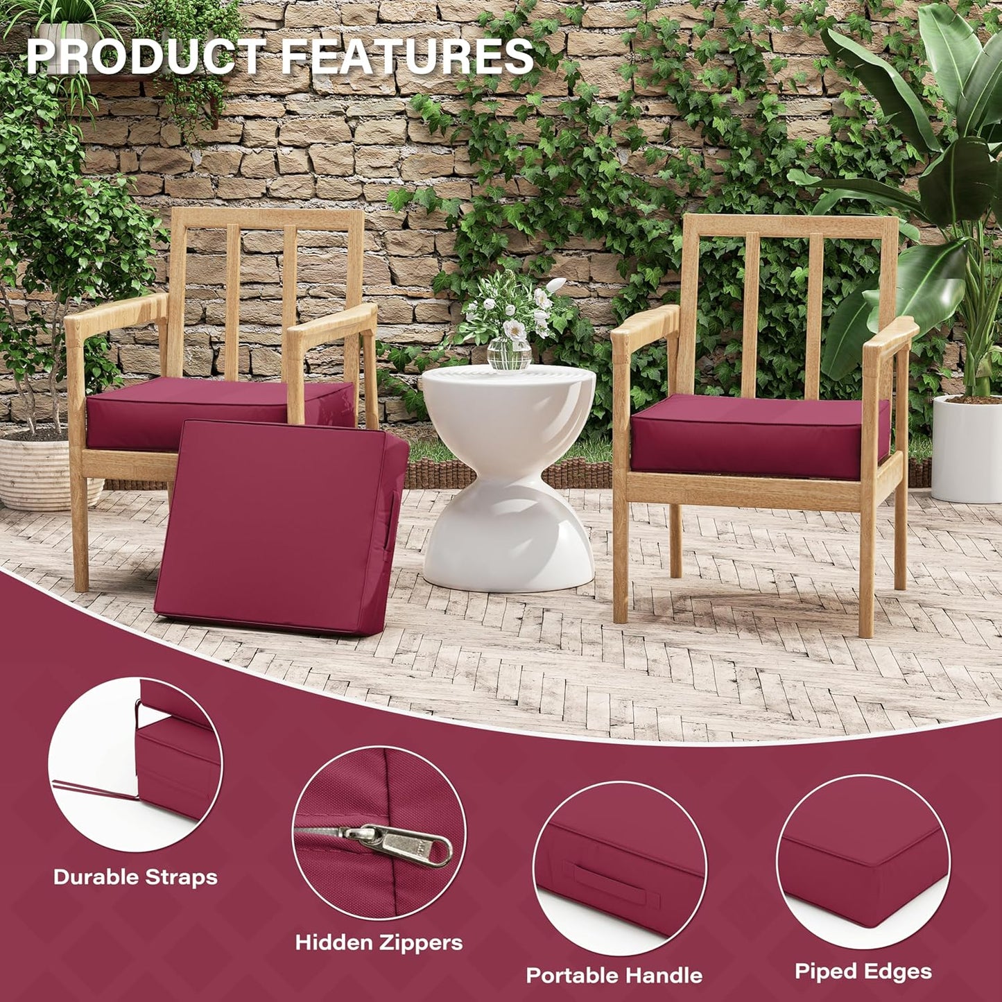 Patio Chair Cushions 18.5 X 16 X 4 Inch Waterproof Outdoor Seat Cushions for Patio Furniture, Outdoor Sofa Couch Pads with Ties & Handle, Set of 2, Fuchsiared