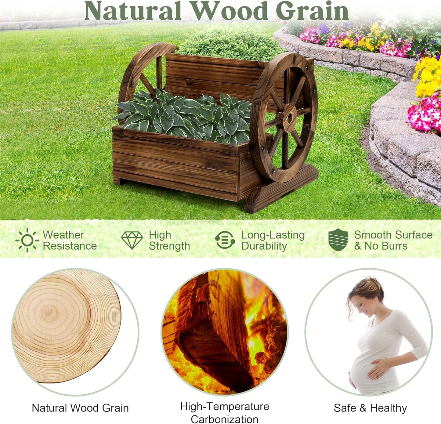 2PCS Wooden Wagon Planter Box, Garden Planter with Wheels,Decorative for Flowers Herbs Vegetables for Indoor & Outdoor Decor,Wooden Flower Cart for Patio Garden Balcony