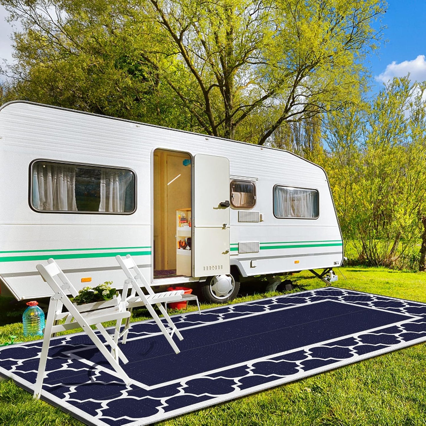 GENIMO 10 ' x 20 ' Outdoor Rug Waterproof for Patio Decor, Foldable Reversible Plastic Straw Area Rugs Mat for Camper, Outside Carpet for Rv, Deck, Porch, Picnic, Beach, Balcony, Blue & White