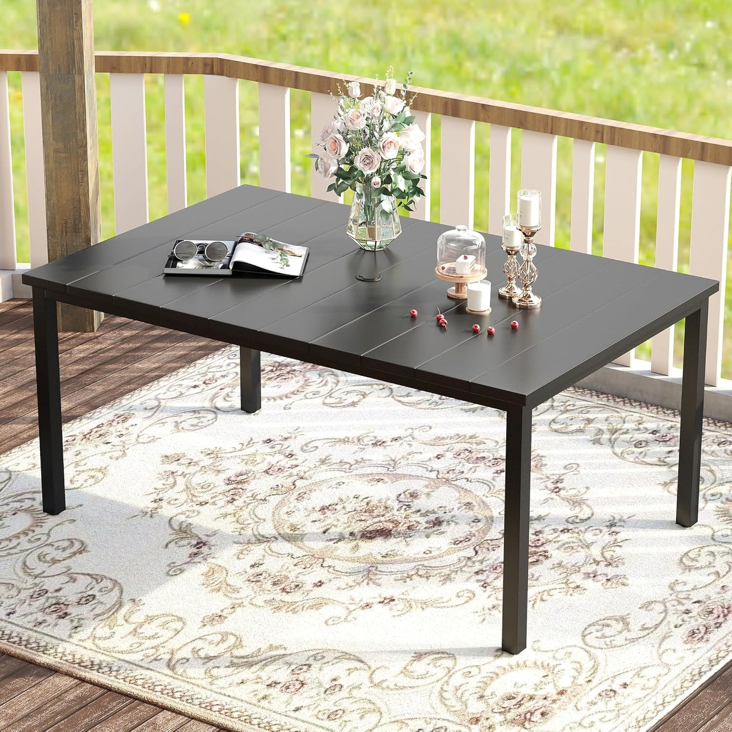 VICLLAX 63" Rectangle Patio Dining Table for 6, Outdoor Furniture Table with Umbrella Hole, All Weather 6 Person Metal Patio Table, Black Tabletop