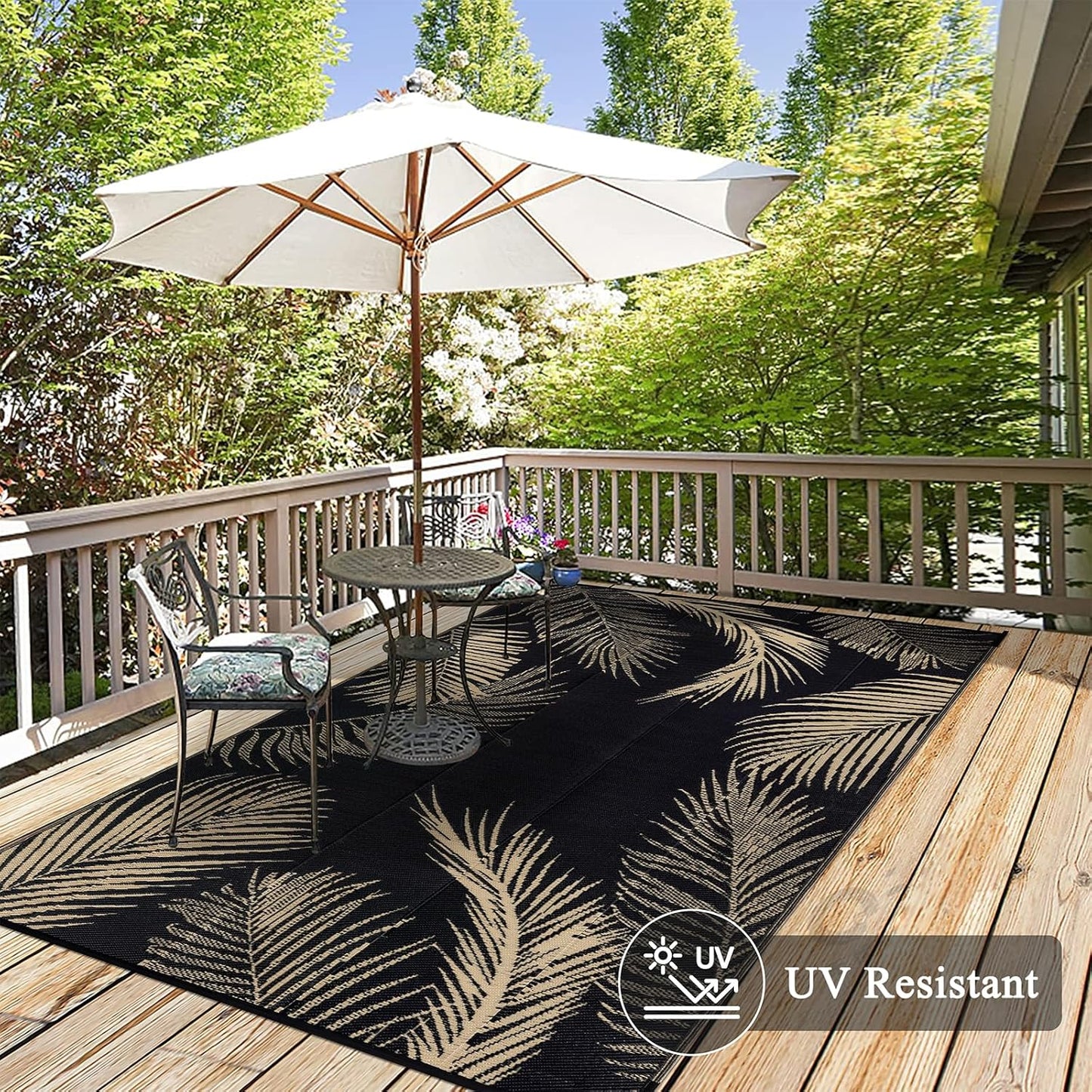 Pauwer Waterproof Outdoor Rug 8x10, Reversible Plastic Straw Patio Camping Rug, Indoor Outdoor RV Mat Carpet for Deck, Camper, Porch, Balcony, Backyard, Picnic, Leaf Black Brown