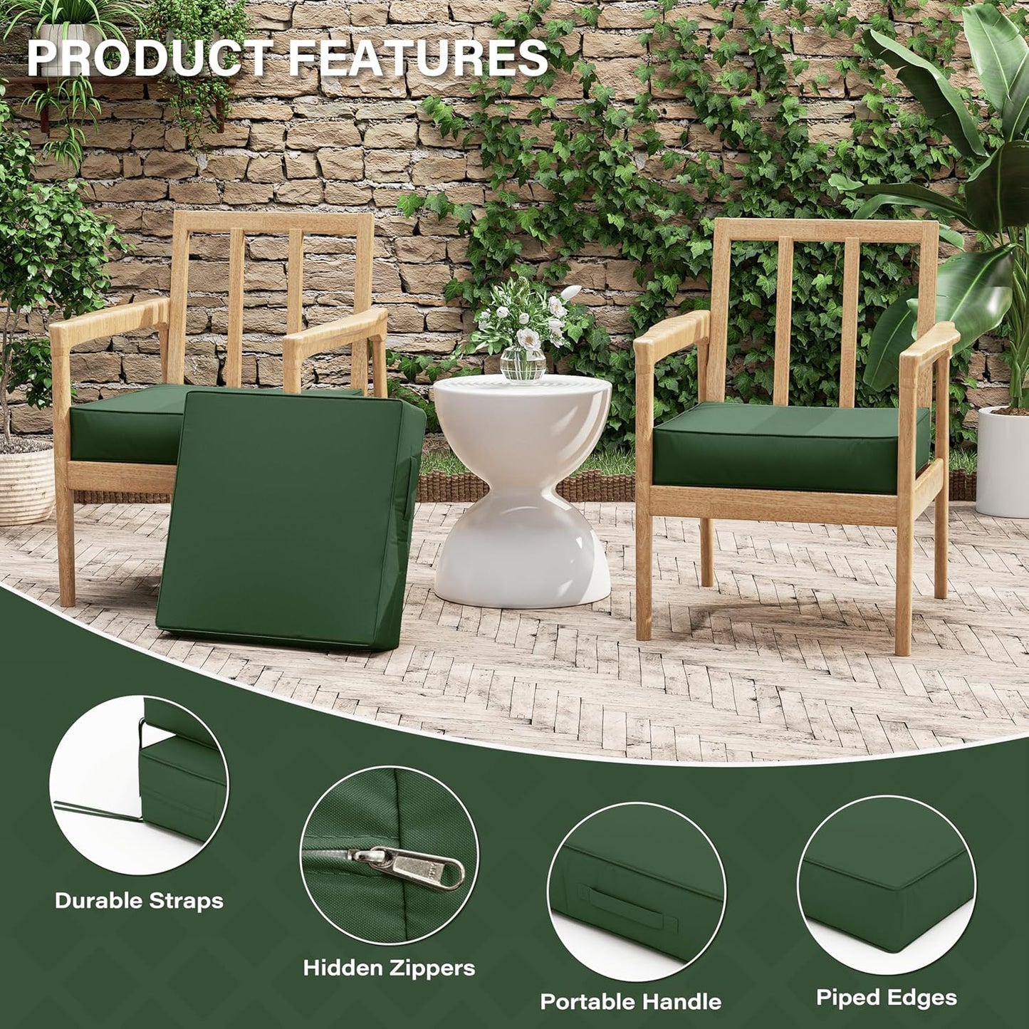 Patio Chair Cushions 22 X 22 X 4 Inch Waterproof Outdoor Seat Cushions for Patio Furniture, Outdoor Sofa Couch Pads with Ties & Handle, Set of 2, Green