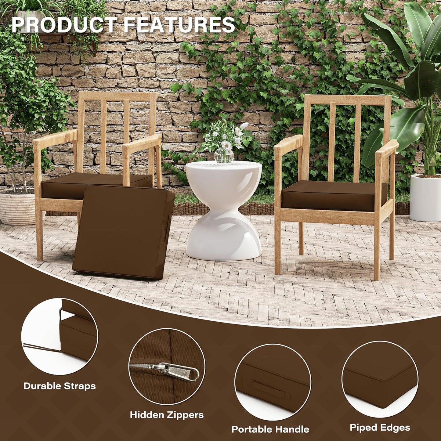 Patio Chair Cushions 17 X 16 X 3 Inch Waterproof Outdoor Seat Cushions for Patio Furniture, Outdoor Sofa Couch Pads with Ties & Handle, Set of 2, Chocolate