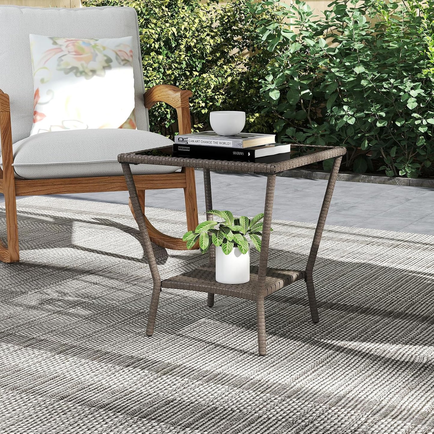 Outdoor Small Patio Table - PE Rattan Coffee Table, Wicker Side Table for Patio, Balcony & Porch, Durable & Iron Frame (1, Sesame Brown)