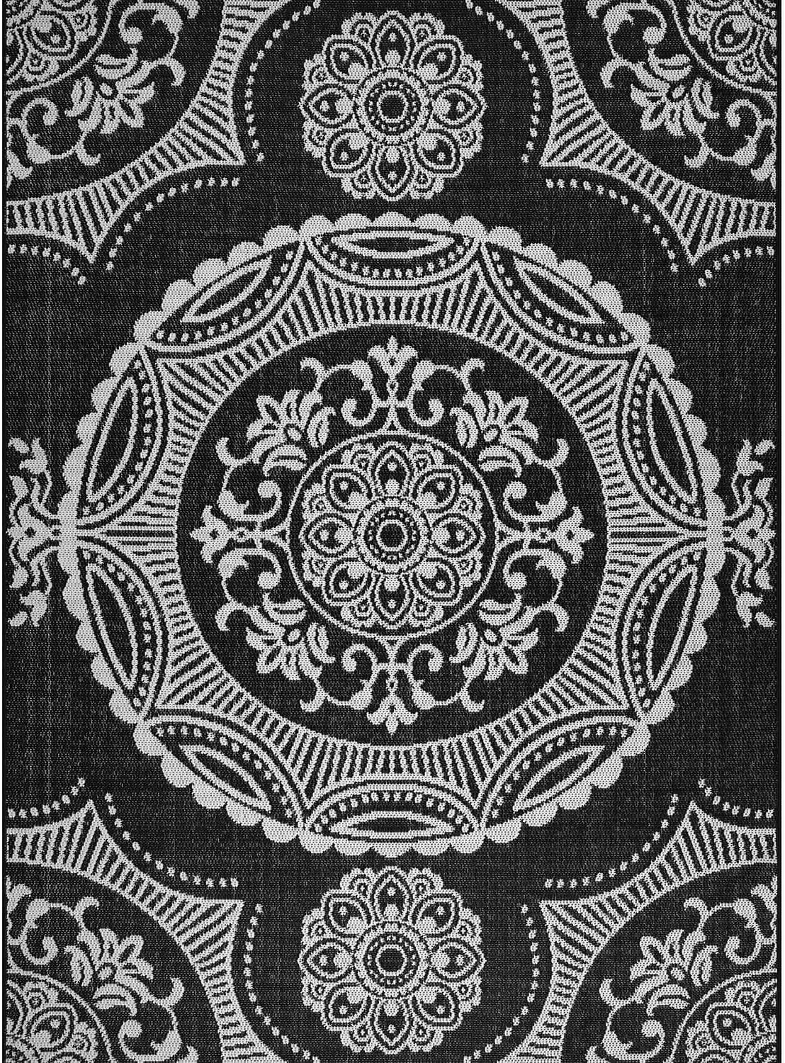 Medallion Outdoor Rug 8x10 Washable Outside Carpet for Indoor Patio Porch Waterproof Easy Cleaning Non Shedding Area Rugs Black 8 x 10