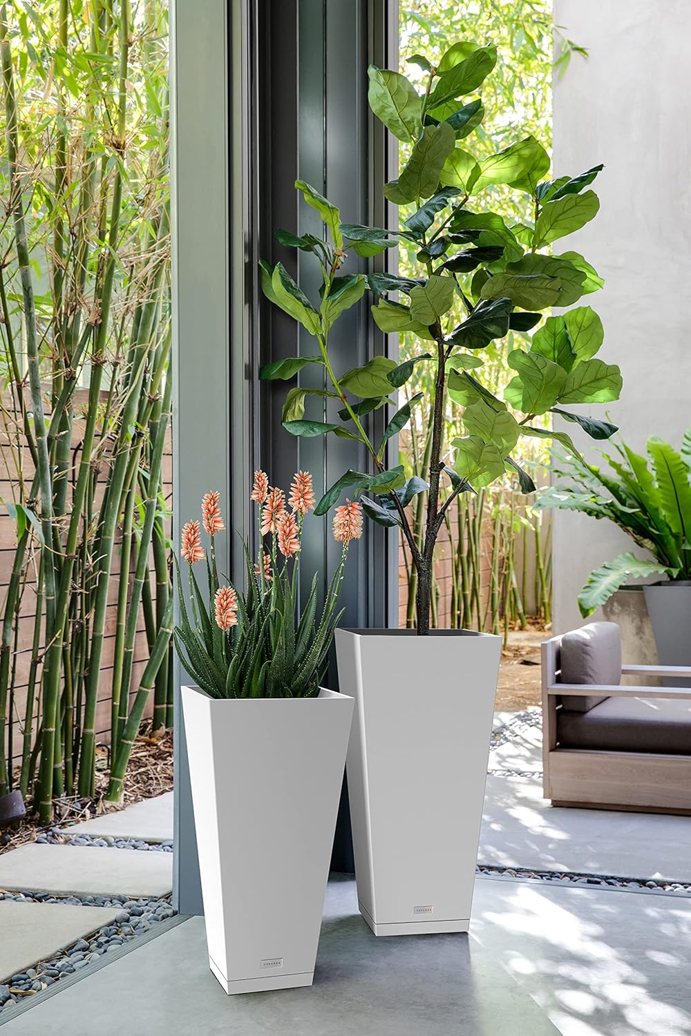 Veradek V-Resin Indoor/Outdoor Taper Planter (White, 30 inch - 2 Pack with 2 Saucer Trays)