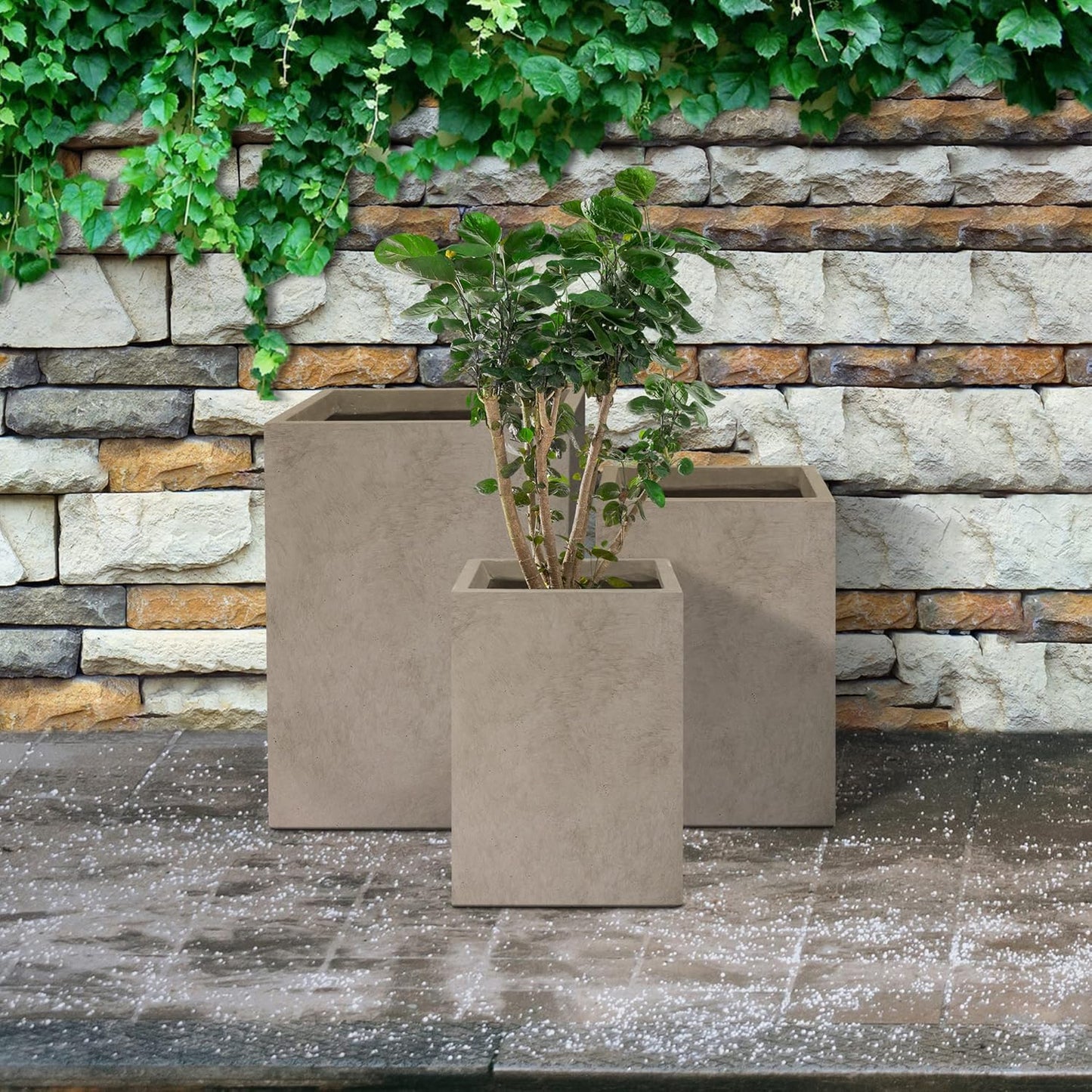 Kante 18.5",15.7",12.6" H Tall Rectangular Concrete Planters Set of 3, Outdoor Indoor Lightweight Plant Pots with Drainage Hole and Rubber Plug, Modern Style for Home Garden Patio, Weatheted Concrete