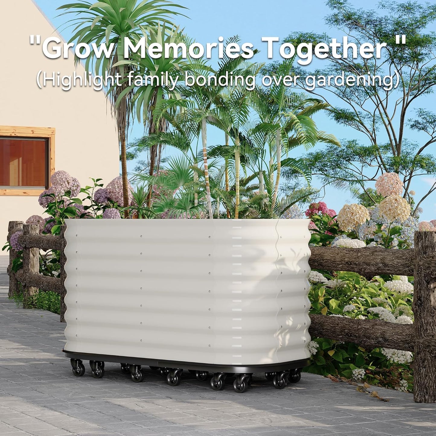 59x24x28in Galvanized Raised Garden Bed with Wheels & Water Reservoir – Durable Outdoor Planter Box, Elevated Raised Beds for Gardening, Portable Garden Box for Indoor/Outdoor Plants,White