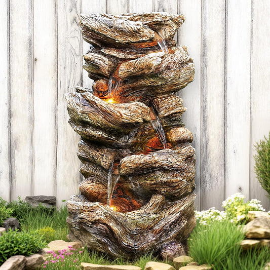 32" High Outdoor Water Fountain, 5-Tiers Cascading Rock Waterfall with LED Lights for Garden, Patio, Yard Decor, Soothing Tranquility for Any Outdoor Living Space