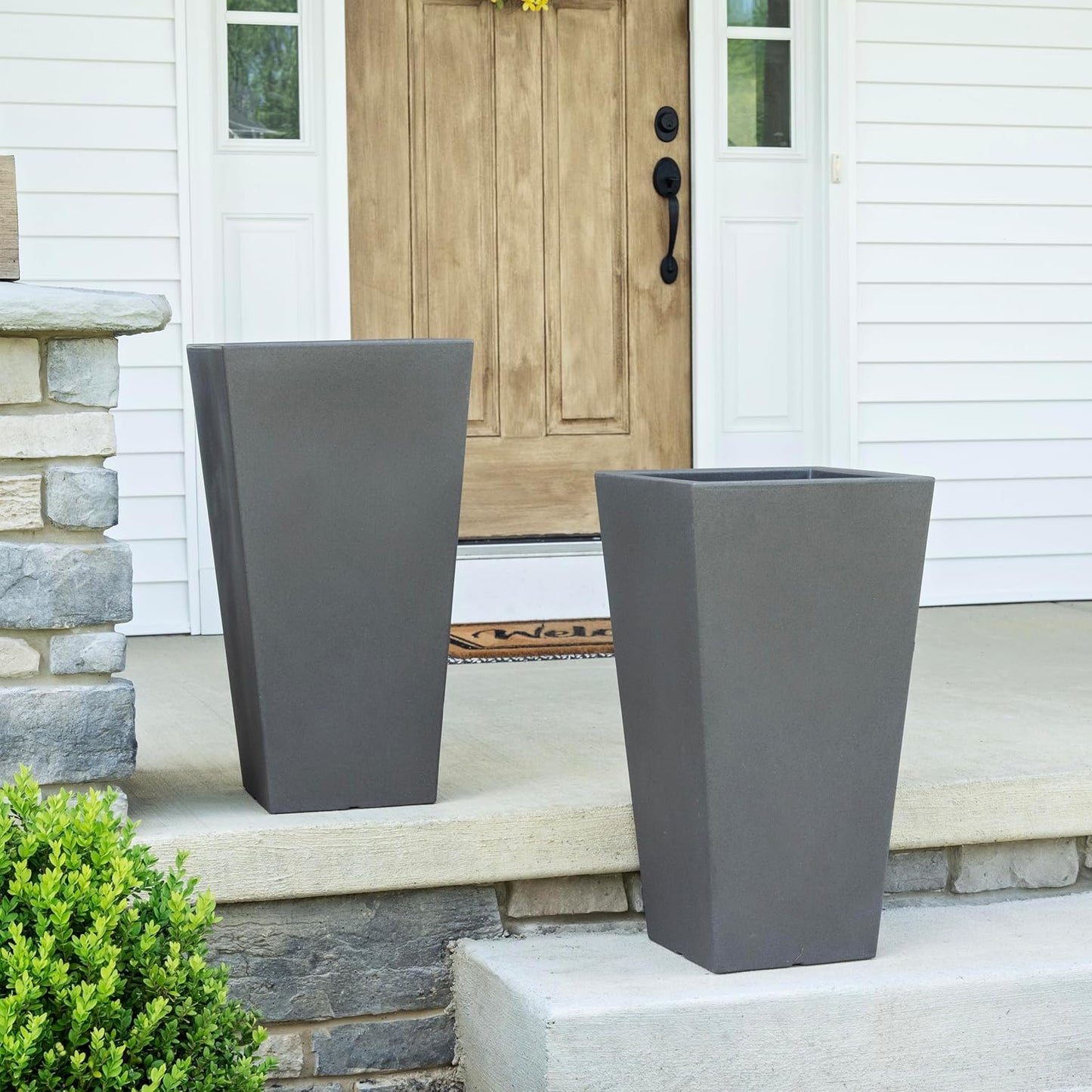 Step2 Tremont Tall Square Tapered Planter, Large Planters for Outdoor Plants, Gardening and Flower Pot for Patio or Porch, Efficient Drainage, Durable Plastic, Dark Cedar, 2-Pack