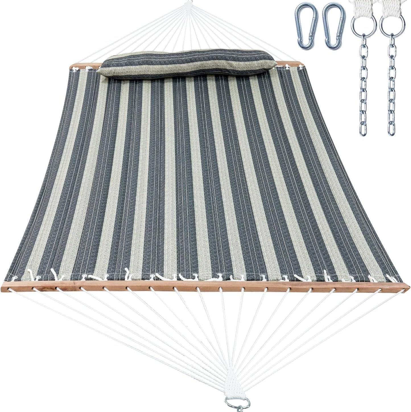 2 Person Hammocks for Outside, Double Quilted Fabric Outdoor Hammock with Spreader Bar, Large Removable Pillow, Storage Pockets, Carabiners, Max 475 lbs Capacity (Slate Grey)