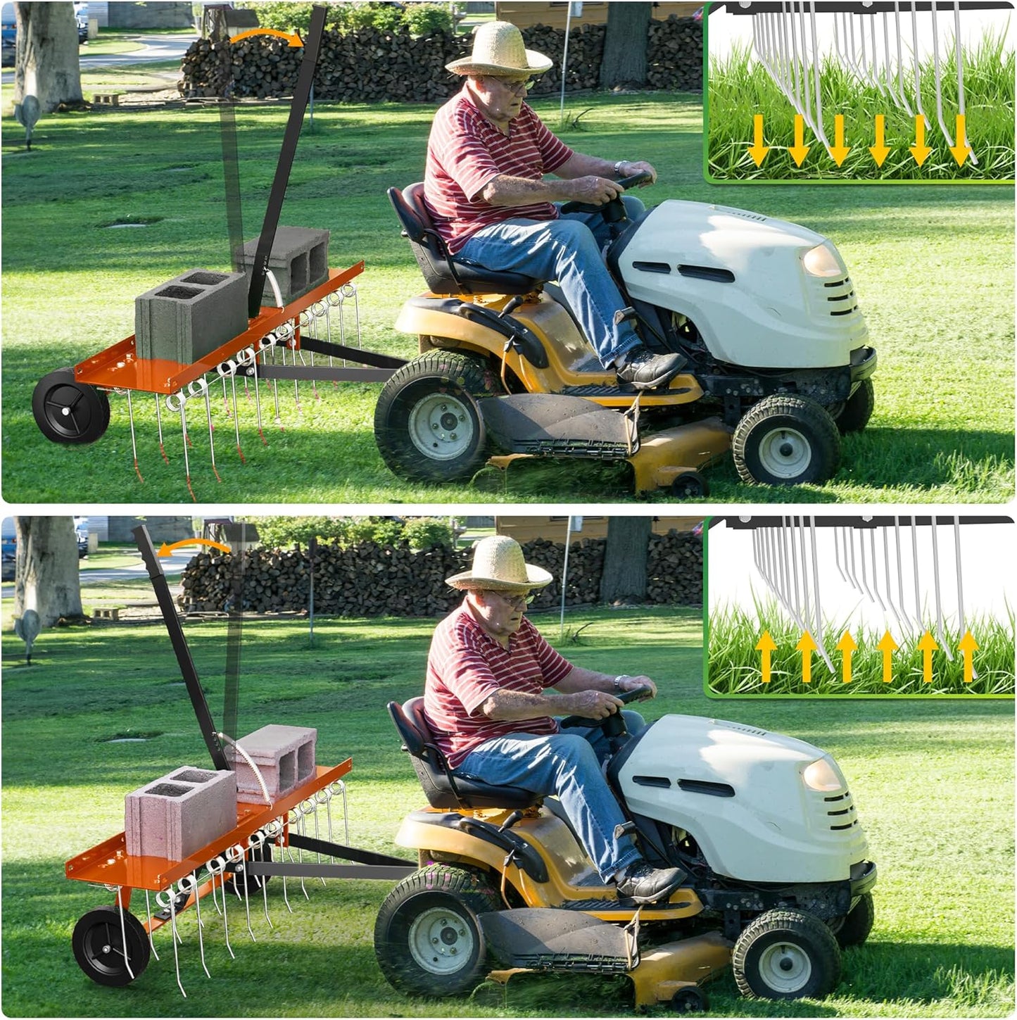 48 Inch Orange Tow-Behind Dethatcher with 24 Spring Steel Tines, Pull Dethatcher for Outdoor Yard Care, Garden Farm Grass Tractor Rake to Remove Thatch, Leaves and Needles from Large Lawn Areas