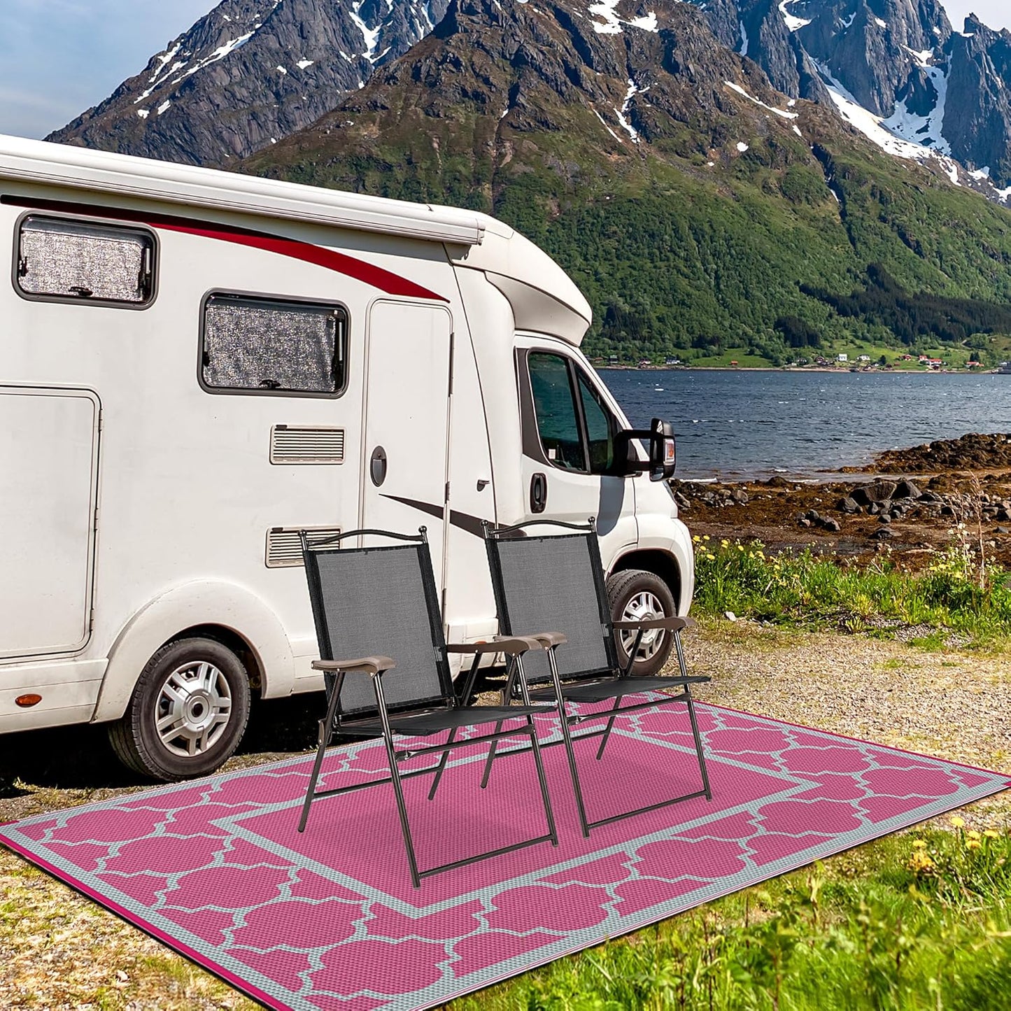 GENIMO 6' x 9' Outdoor Rug Waterproof for Patio Decor, Foldable Reversible Plastic Straw Area Rugs Mat for Camper, Outside Carpet for Rv, Deck, Porch, Picnic, Beach, Balcony, Pink & Grey