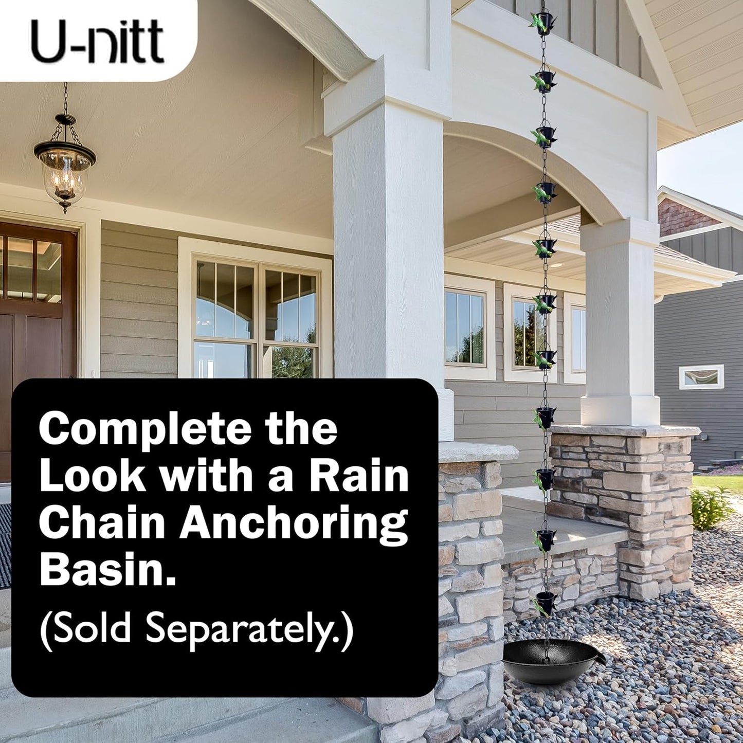 U-nitt Rain Chain Water Collection for Gutters, Rainwater Catcher & Diverter, 8.5 FT Chains for Outside Garden, Bird Bucket Cups, Roof Downspout, Works with Heavy Rain, w/Gutter Clip for Rainchains