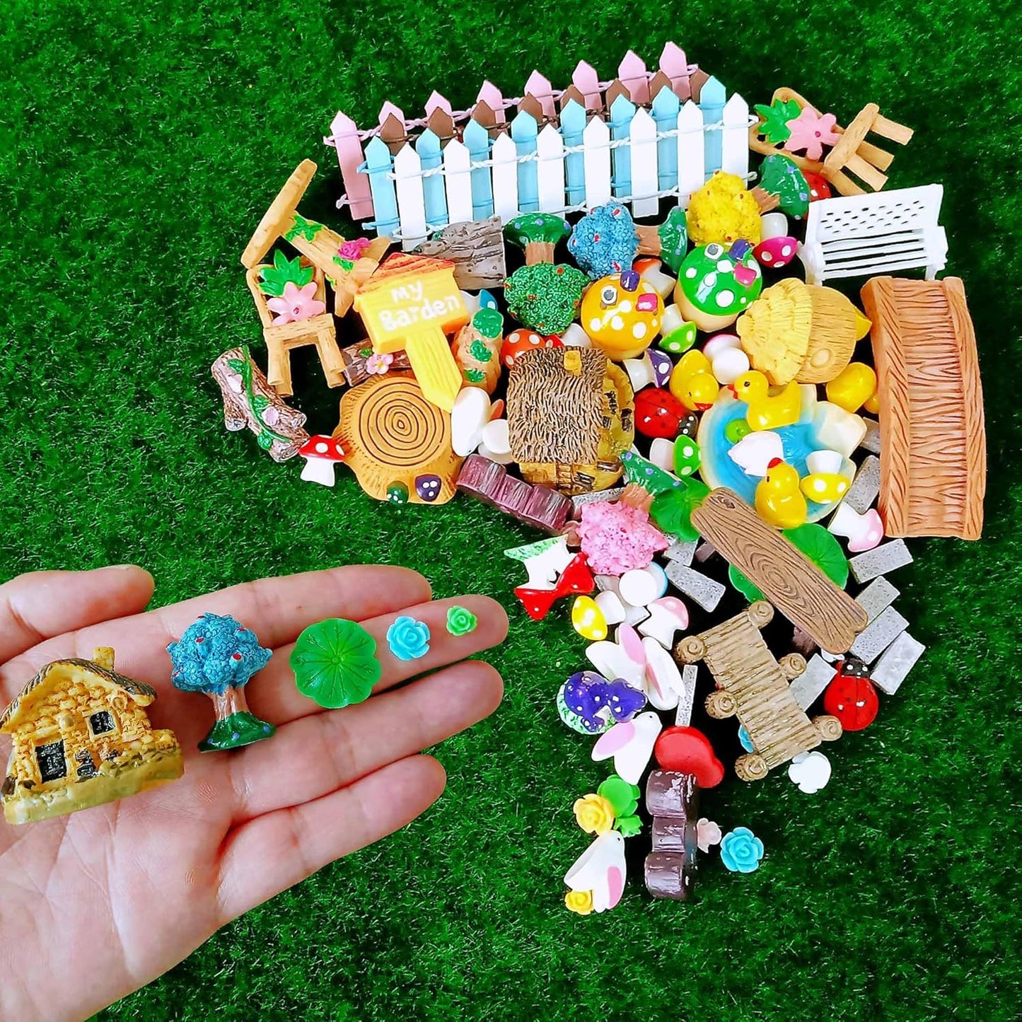 100 Pcs Miniature Fairy Garden Accessories Mini Landscape, Resin Micro Buildings Structures Tiny Animals Figurines