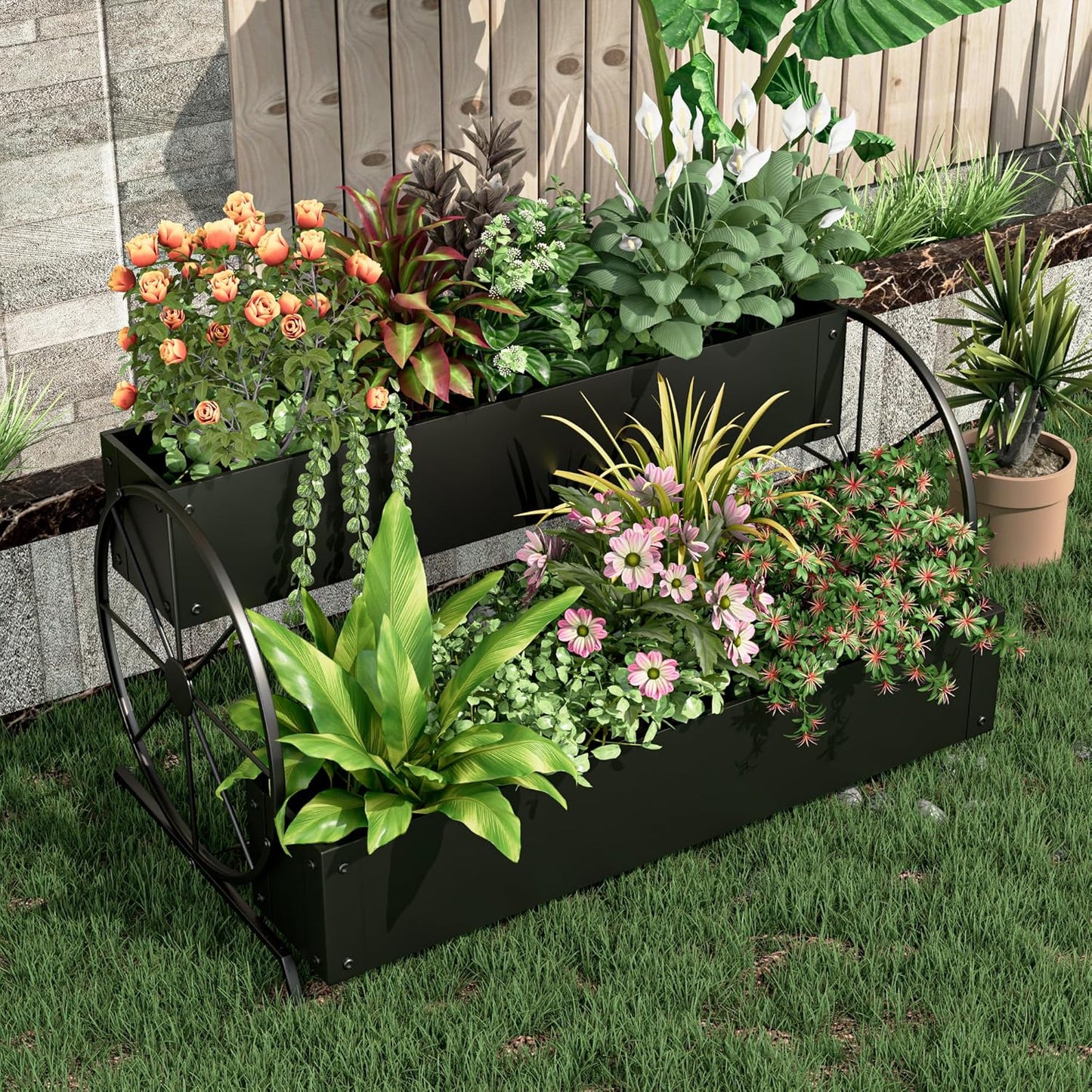 Metal Wagon Planter Box, 2-Tier Garden Planter with Wagon Wheels, Decorative Outdoor Planters for Flowers Herbs Vegetables, Flower Cart Small Raised Garden Bed for Patio, Balcony (Black)