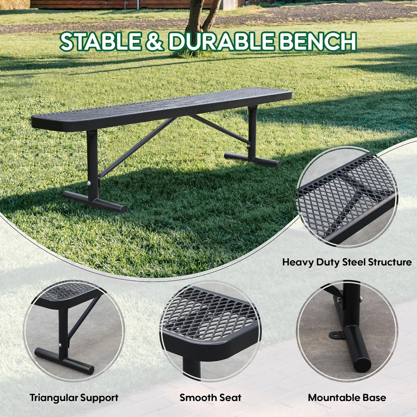 48" L Outdoor Steel Flat Bench, Heavy Duty Metal Park Bench for Outside, Expanded Metal, Commercial Benches Mesh Bench for Shopping Mall, Store, Lawn, Park, Patio, Deck, Garden