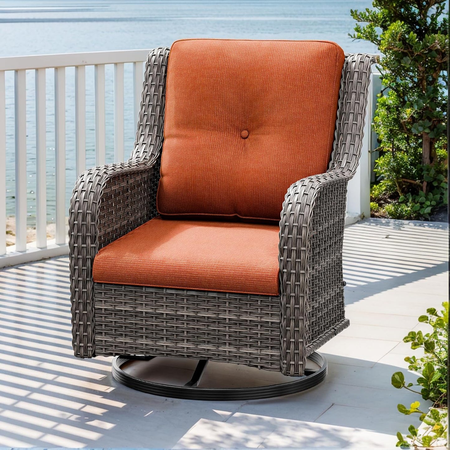 Outdoor Swivel Rocker Patio Chair - Outdoor Wicker Patio Chair with Olefin Fabric Cushions, Suitable for Backyard Deck and Porch, Orange