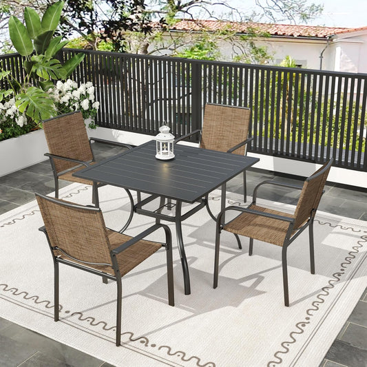 Anumutig 5-Piece Patio Dining Set, 35-Inch Square Patio Table with 4 Stackable Chairs, Weather-Resistant Frame, Brown