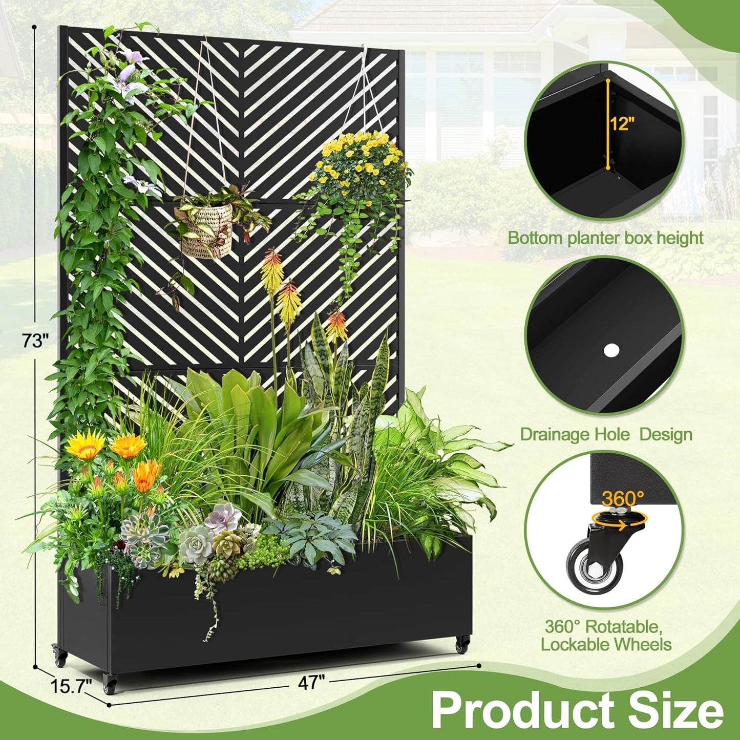 Raised Garden Bed with Trellis and Wheels,73"x47"x16" Metal Raised Garden Bed,Black Parallel Metal Planter with Climbing Trellis for Vines & Vegetables